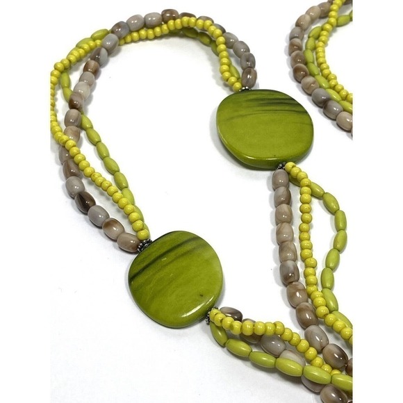 Necklace Statement Green Beige Multi Strands Asymmetric 36” - Picture 2 of 6